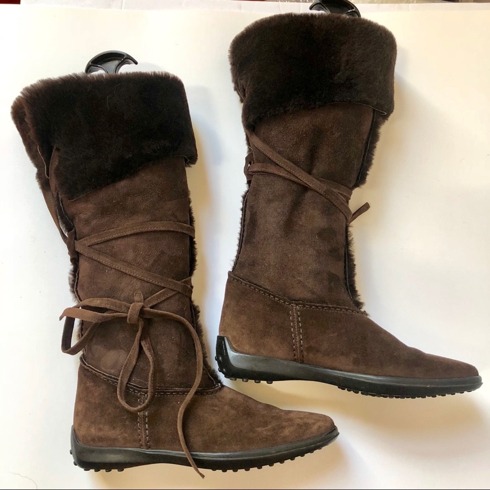 Tods Suede Shearling Fur Knee High Mukluk Boots